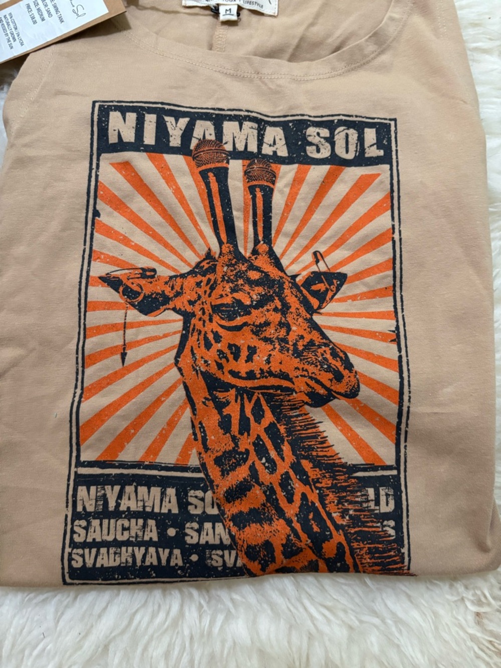 Niyama Sol Woman’s Short-Sleeve Graphic Tank top Tan with Orange & Black Giraffe